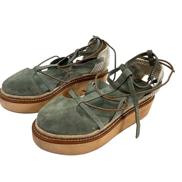 Ulla Johnson Olive Suede Lace-Up Platform Sandals - Picture 7 of 10